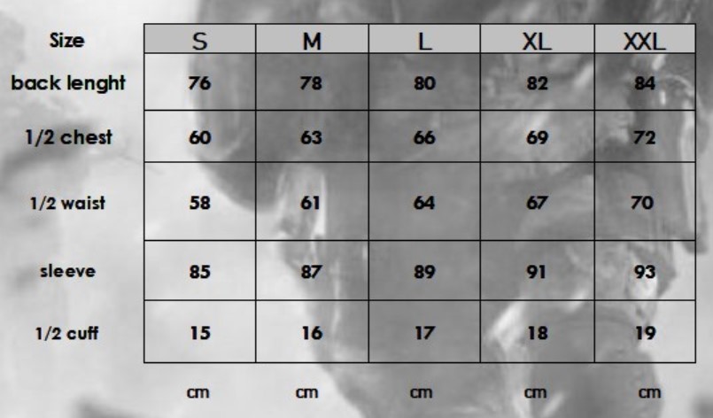 Defcon parka size table